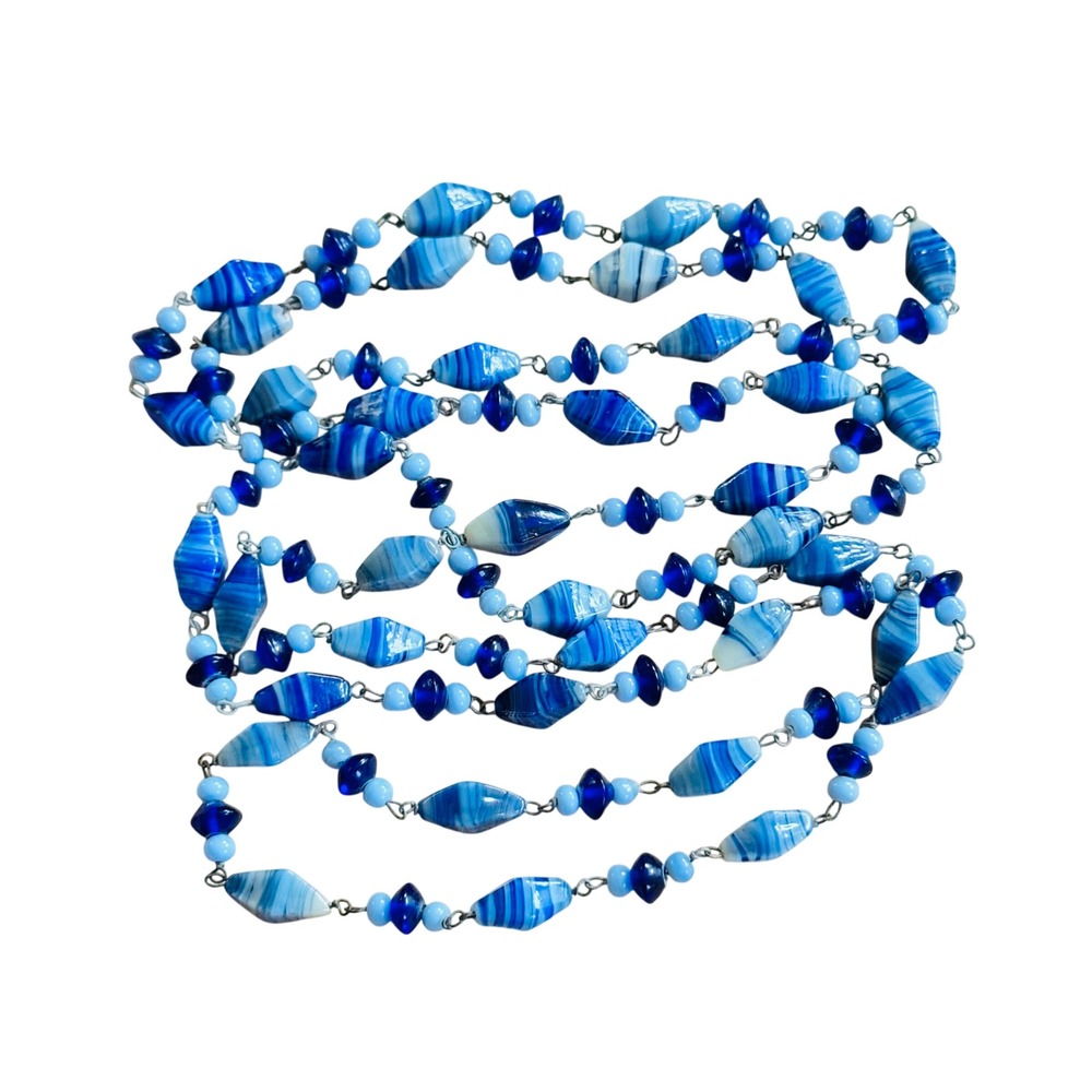 Flapper Art deco Glass Necklace VTG Blue Antique long Brass Wired Striped 52"